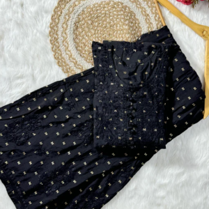 DISHI Black Pure Chanderi Silk Chikankari Kurta Palazzo Set