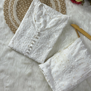 DISHI White Pure Chanderi Silk Chikankari Kurta Palazzo Set