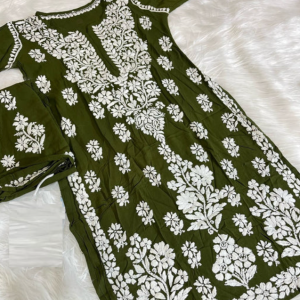 NATASHA Dark Green Pure Modal Chikankari Kurta Palazzo Set