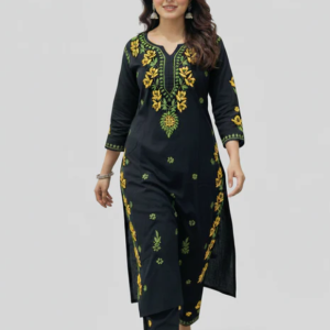 SHREYA Yellow Black Modal Kurti Palazzo Chikankari Set