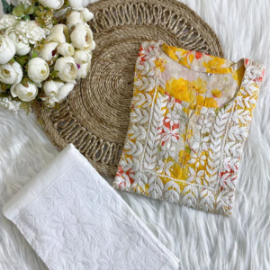 SONALI Yellow Mulmul Printed Chikankari Top Set