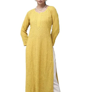 SONAM Yellow Pure Viscose Resham Thread Chikankari Kurta