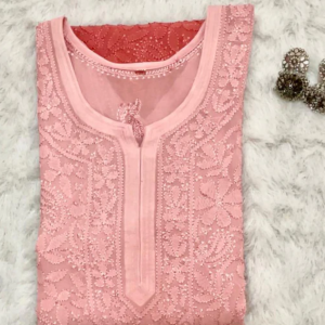 SWATI Pink Pure Viscose Chikankari Resham Omray Kurti
