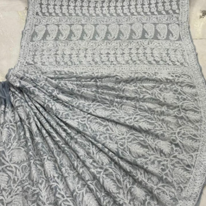 ZIA Grey Georgette Heavy Chikankari Saree With Blouse