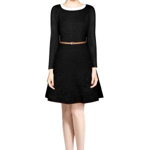 Classic Long Sleeve A-Line Dress with Contrast Neckline – Black