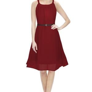 Elegant Sleeveless Chiffon A-Line Dress with Belt – Red