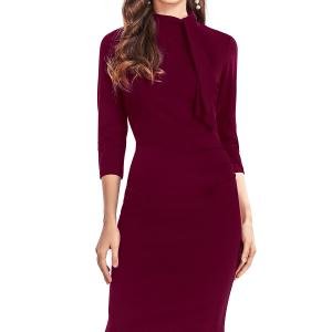 Women’s Elegant Wine Red High-Neck Bodycon Dress