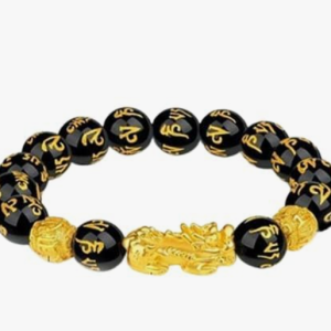 Original Feng Shui Black Obsidian Om Mani Pixiu Wealth Bracelet, 12 mm with Adjustable Elastic for Men Women Boys Girls as Fashion and Healing