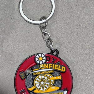 R-o-y-a-l-E-n-f-i-e-l-d Classic Motorcycle Collectible Metal Keychain, Round Design, Red and Yellow