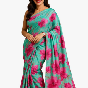 Floral Print Silk Saree, Turquoise Green with Pink Flowers, Casual Traditional Indian Drape
