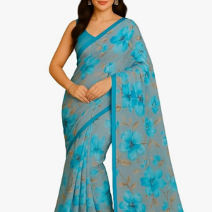 Floral Print Organza Saree, Light Blue and Grey, V-Neck Blouse, Traditional Indian Wear
