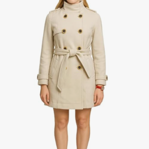 Classic Double-Breasted Belted Trench Coat, Cream, Wool Blend, Long Sleeve, High Neck, Winter Outerwear34 size only