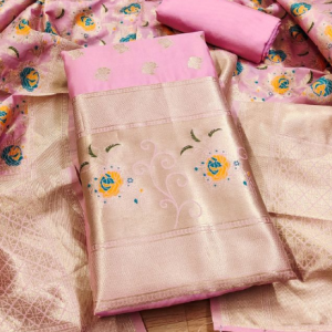 Pink Floral Designer Silk Suit Set with Zari Border