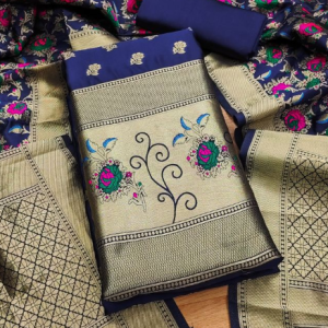 Navy Blue Floral Designer Silk Suit Set with Zari Border