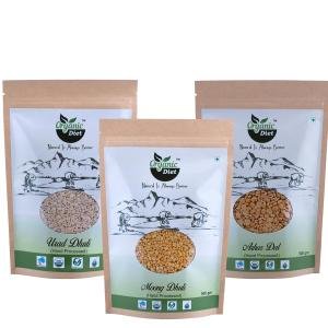 Organic Diet Daily Dal Combo – Arhar (Toor) Dal, Urad Dhuli & Moong Dhuli (500g Each) | Unpolished, Hand Processed Split Lentils