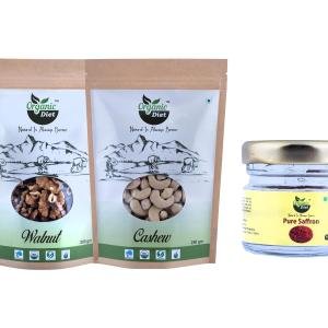 Organic Diet Walnut, Cashew & Saffron Combo with FREE Jute Bag – 200g Walnut + 250g Cashew + 1g Saffron | Premium Dry Fruits Gift Pack