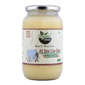 Organic Diet Organic A2 Desi Ghee | Pure Danedar Cow Ghee | Traditional Bilona Curd-Churned Method | Edible Healthy Cooking Ghee | No Added Preservatives, GMO | Natural Substitute, 1 Ltr