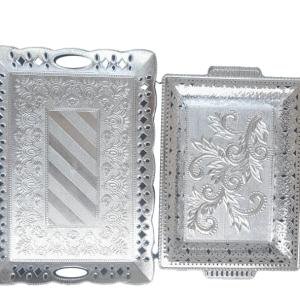 German Silver Serving Tray Set, Rectangle Shape, Designer Fancy Metal Tray with Decorative Border, Pack of 2, Big and Medium Size