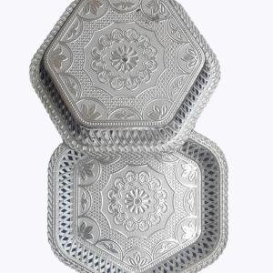 German Silver Coated Hexagon Shape Decorative Tray with Floral Pattern