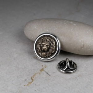 Round Lion Head Pin, Medieval Brooch, Lapel Badge, Gift for Him, Sterling Silver