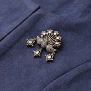 Designer Gold Plated Shahi Red Peacock Polki Brooch