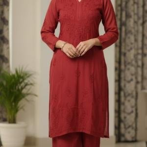 Lucknow Handwork Chikankari 3 Piece Palazzo Set With White Embroidery