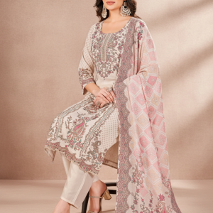 PickCell Digital Print Kurti set  with Embroidery & Mirror Work Cream Bell