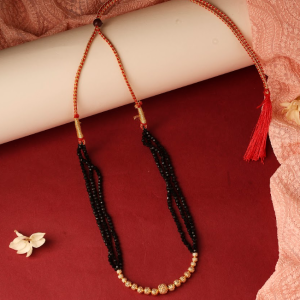 Traditional Black Beads Thusi Mangalsutra Necklace with Gold-Tone Accents