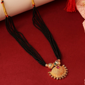 Traditional Maharashtrian Style Black Beaded Mangalsutra Necklace With Gold-Toned Pendant And Red Tassel