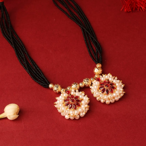 Gold-Plated Traditional Indian Handcrafted Maharashtrian Mangalsutra Necklace With Black Beads And Faux Pearl/Ruby Embellishments