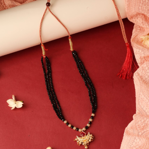 Traditional Indian Mangalsutra Necklace Featuring Black Beads And Gold-Plated Pendant