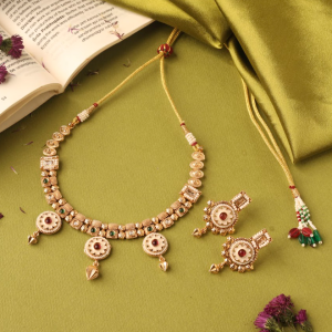 Gold-Plated Kundan And Stone-Studded Temple Choker Jewellery Set