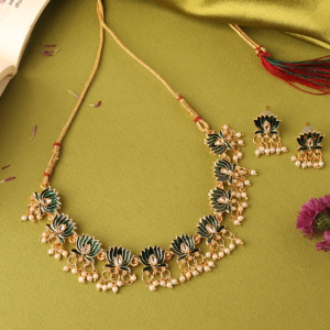 Gold-Plated, Green enamel, Lotus-Motif Necklace And Earring Set With Pearl Drops