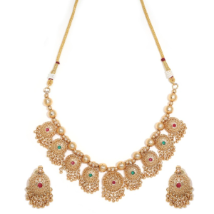 Gold-Plated Temple Jewellery Necklace And Earrings Set With Red And Green Kempu Stones