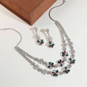 Silver-Tone Floral Crystal Necklace & Earrings Set with Multicolour Stones