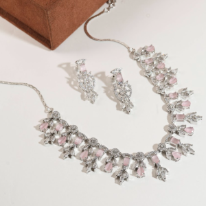 Rhodium-Plated, Silver-Toned, Pink, And White American Diamond-Studded Statement Jewellery Set