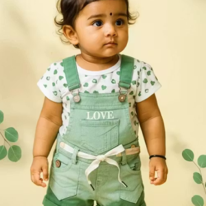 Girls Light Green Heart Printed Half Sleeve Cotton Top With Stylish Denim Dungaree Gallis set
