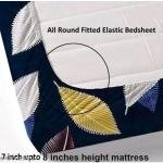 Cotton Fitted Double Bedsheet Set, Navy Blue Leaf Print, 2 Pillow Covers