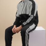 Silver Polyester Lycra Blend Zip Solid Track Suit For Men
