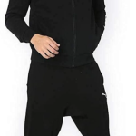 Black Polyester Blend Full Zip Solid Track Suit For Men