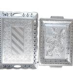 German Silver Coated Rectangle Serving Tray Set, Designer Fancy Tray with Floral Design, Pack of 2 (Big and Medium)