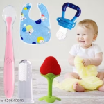 Baby Feeding & Care Combo | Bib, Finger Brush, Fruit Feeder, Teether & Spoon