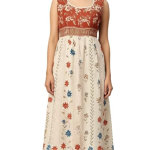 Floral Print Cotton Midi Dress, Sleeveless Empire Waist, Rust and Cream with Blue Accents Size 2 XL Georgette with Heavy Astra