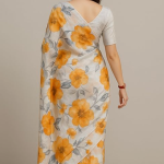 Floral Print silk Saree with Yellow Flowers, White Base, Grey Leaves Pattern, Traditional Indian Wear