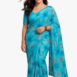 Elegant Floral Print Silk Saree, Turquoise Blue, Traditional Indian Wear, Casual Style