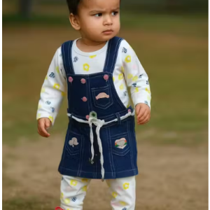 Bublee Dublee Girls Stylish Printed Top & Pant With Denim Dungaree Set