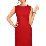 Red solid fit & flare dress Round neck Sleeveless, no sleeves Mini length in curved hem Knitted fabric