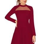 Maroon Solid Mock Neck Long Sleeves A-Line Dress