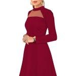 Maroon Solid Mock Neck Long Sleeves A-Line Dress