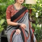 Elegant Grey Handcrafted Ajrakh Saree with Black Pallu and Traditional Motifs